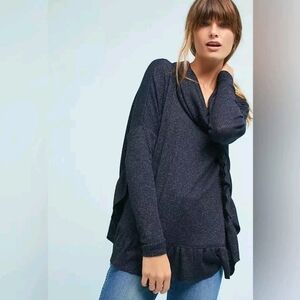 Anthro Postmark Orley Ribbed Knit Metallic Ruffle Cowl Neck Sweater sz XS/S Navy